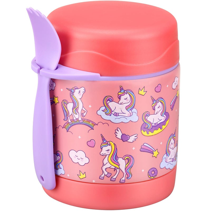 Howeemo Kids' Lunch Insulated Food Jar with Spoon - 10oz Stainless Steel, Leak Proof, Wide Mouth, Hot Food Thermo for School (Pink, Unique Horse) - Image 1