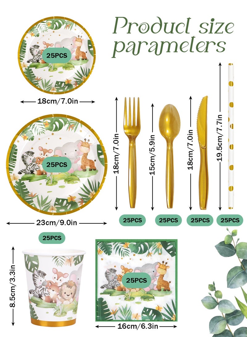 URbazaar 200 Pcs Paper Plates and Napkins, Light Party Supplies Include Scalloped Plate Napkins Cups Plastic Spoons Forks Knives for Baby Shower, Wedding, Birthday（Animal World）  - Image 2