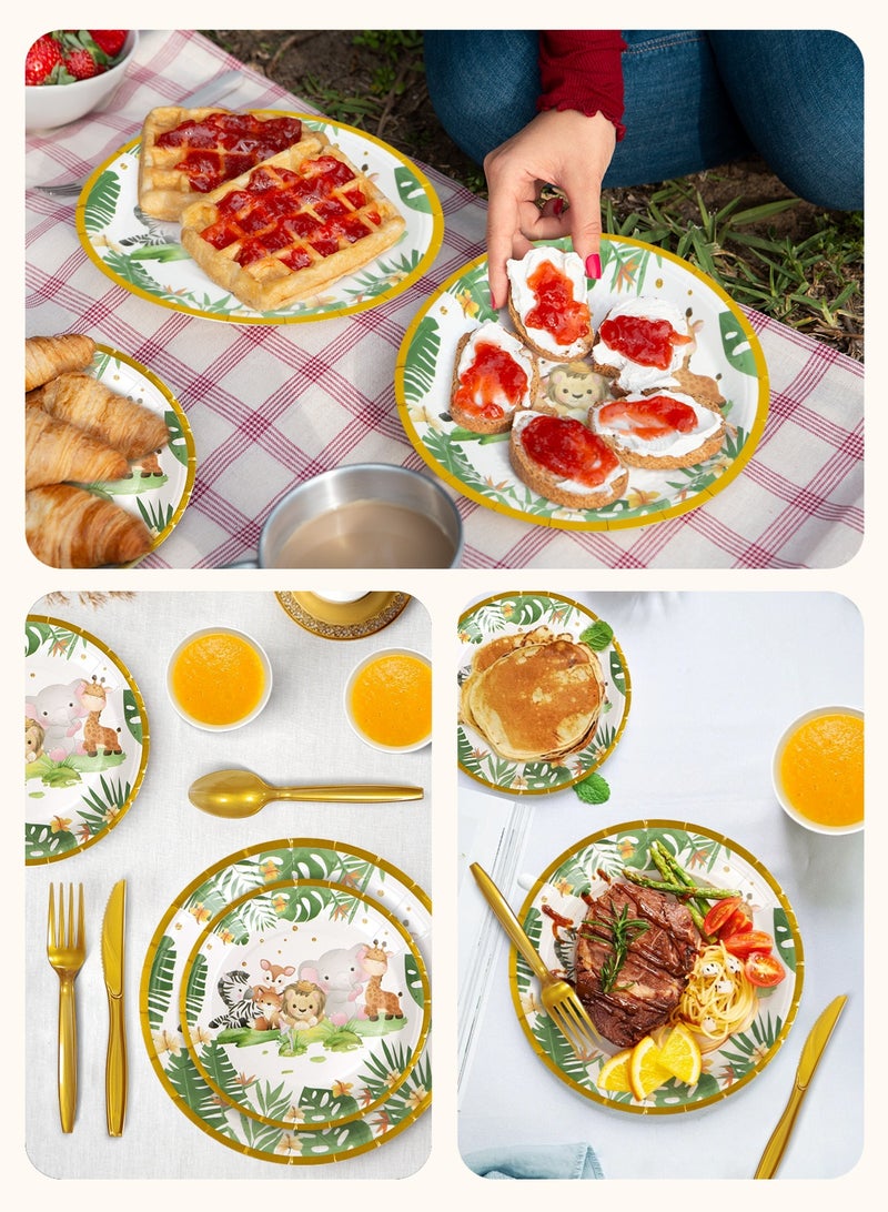 URbazaar 200 Pcs Paper Plates and Napkins, Light Party Supplies Include Scalloped Plate Napkins Cups Plastic Spoons Forks Knives for Baby Shower, Wedding, Birthday（Animal World）  - Image 5