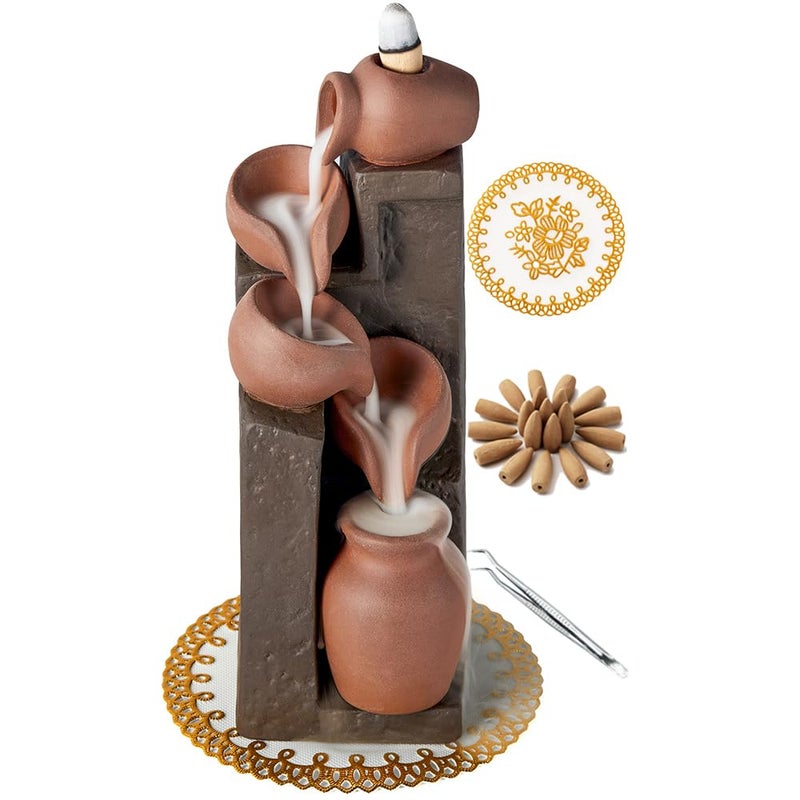 LAMDAWN Unique Cascading Basins Ceramic Waterfall Incense Holder, Paired with a Pack of Backflow Incense Cones. (Primary) - Image 1
