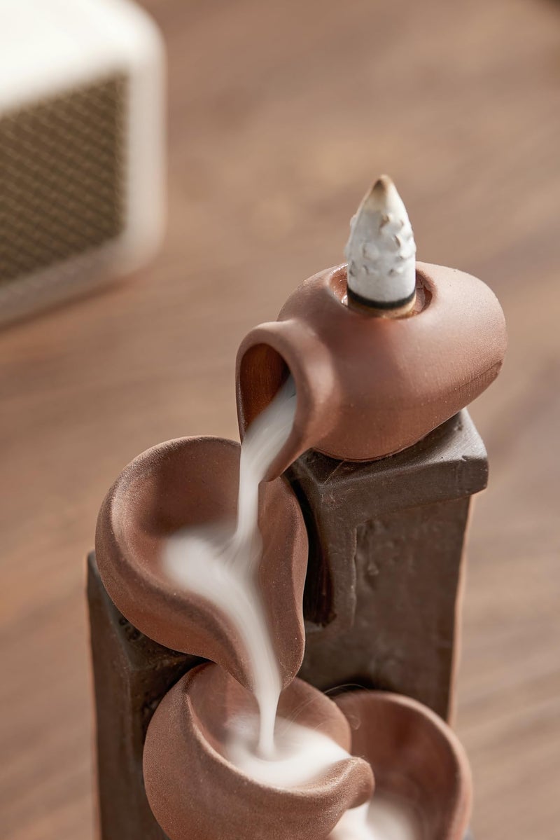 LAMDAWN Unique Cascading Basins Ceramic Waterfall Incense Holder, Paired with a Pack of Backflow Incense Cones. (Primary) - Image 4