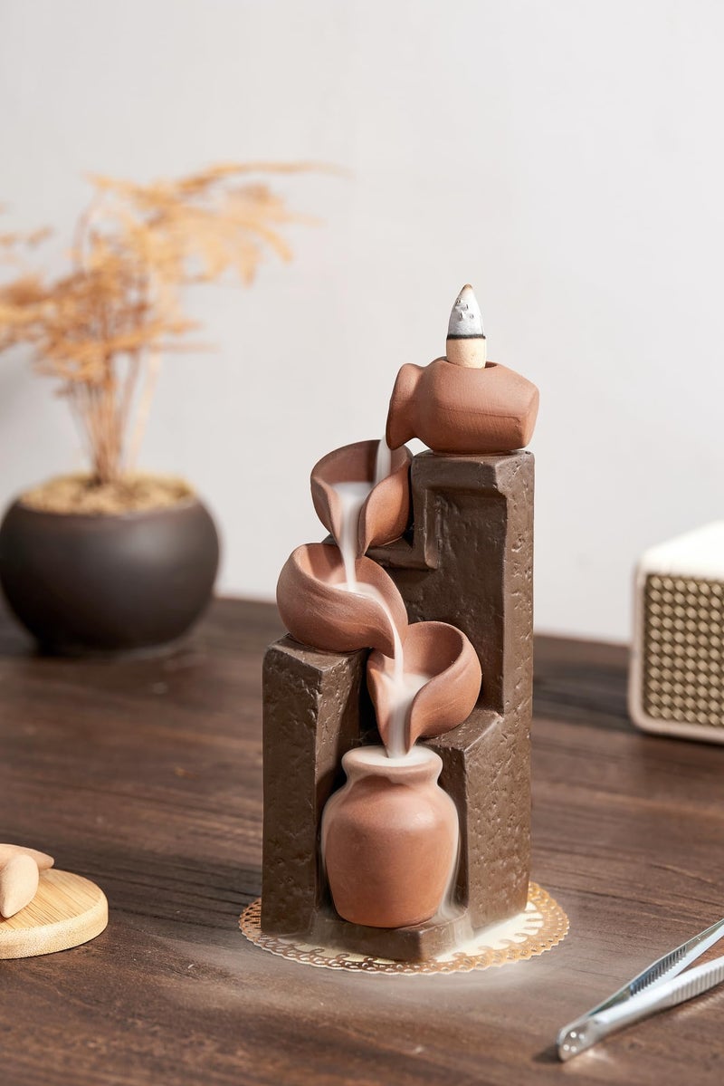 LAMDAWN Unique Cascading Basins Ceramic Waterfall Incense Holder, Paired with a Pack of Backflow Incense Cones. (Primary) - Image 2