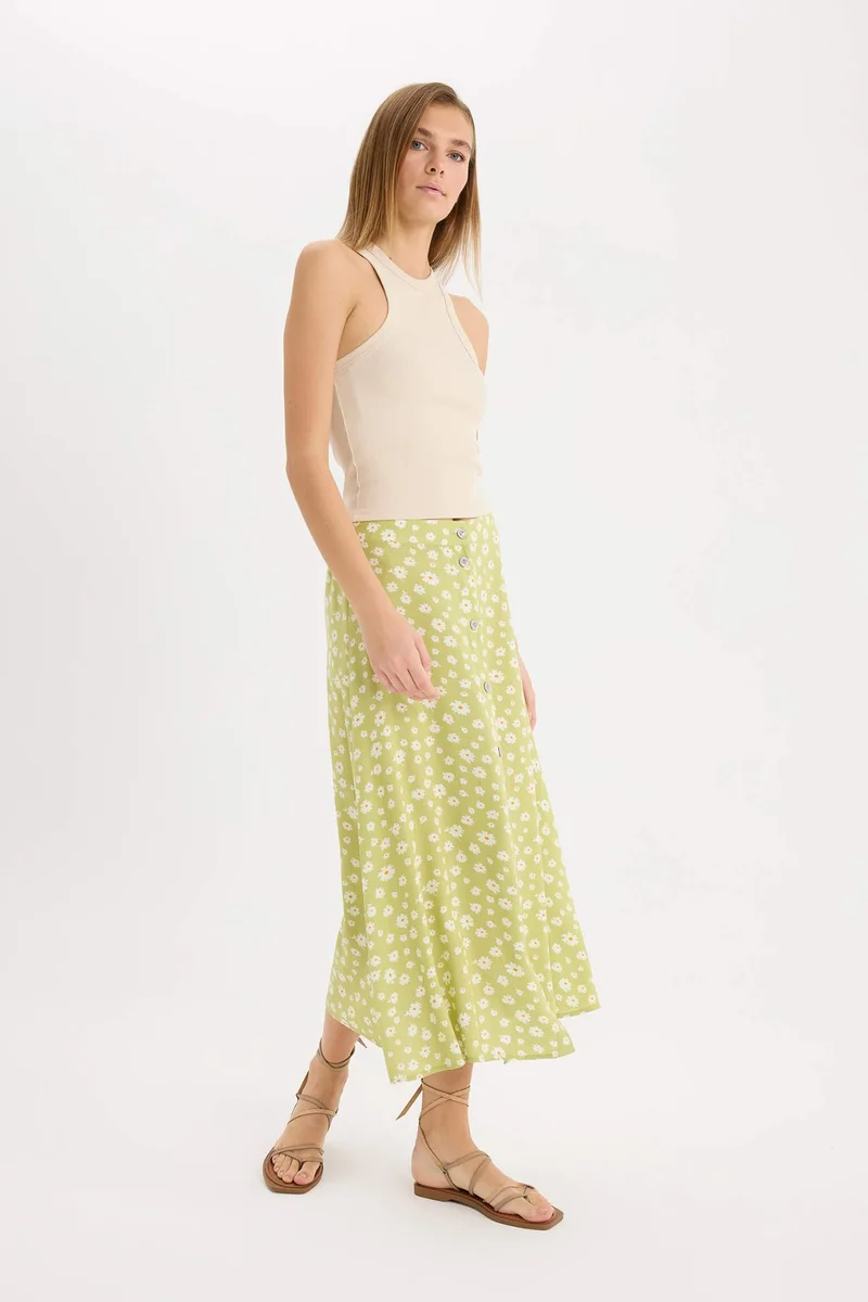 ديفاكتو A Line Floral High Waist Midi Skirt