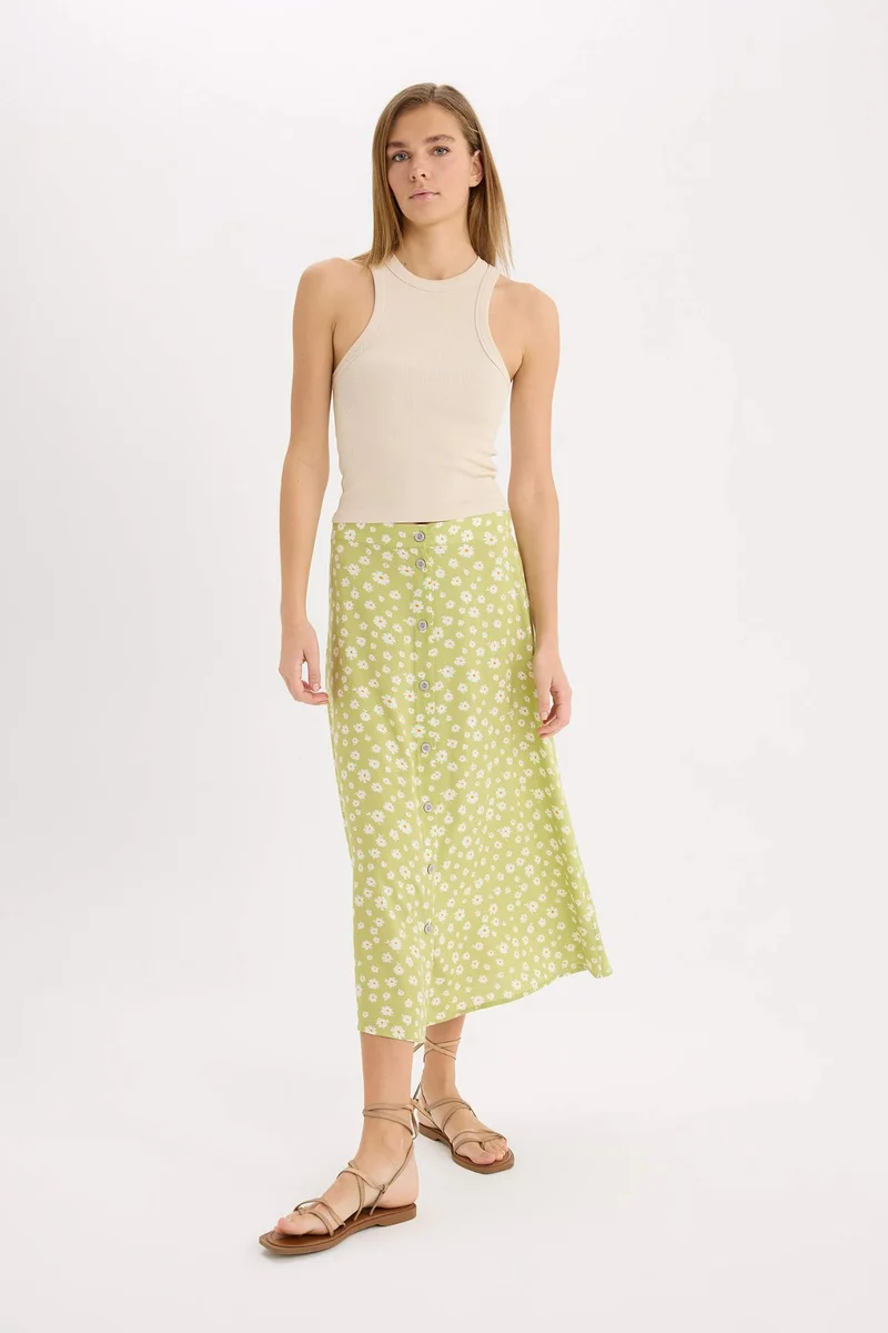 ديفاكتو A Line Floral High Waist Midi Skirt