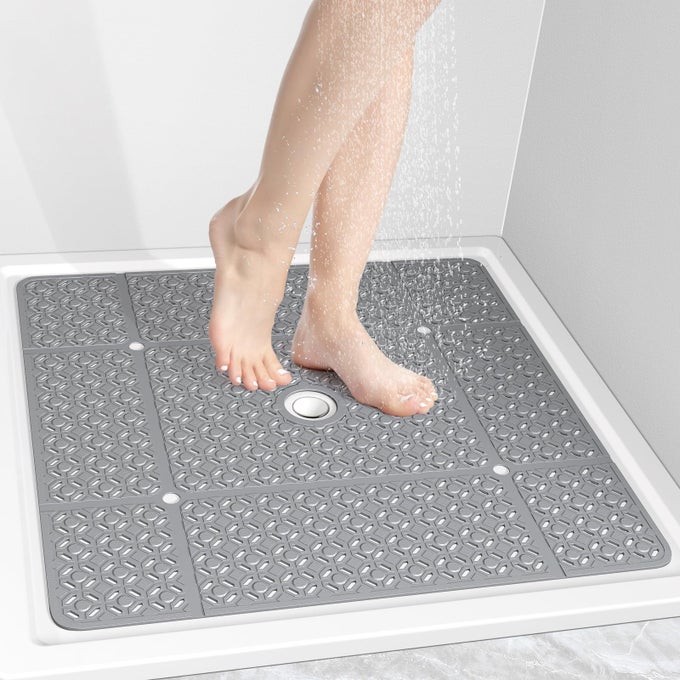 SQUARE SHOWER MAT 27X 27 EXTRA LARGE SHOWER MATS FOR INSIDE SHOWER TPE ANTI SLIP SHOWER MAT WITH SUCTION CUPS DRAIN HOLES MACHINE WASHABLE SHOWER FLOOR MAT GREY