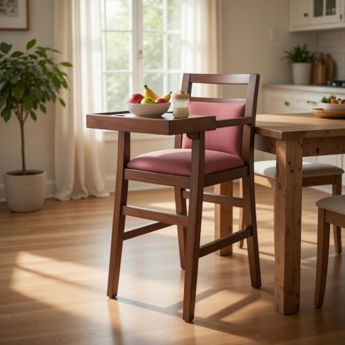 Ogesta Wooden Baby High Chair with Tray, Walnut Finish, Rose Cushioned Seat Feeding Brown Finish Table Chair Sets - Image 4