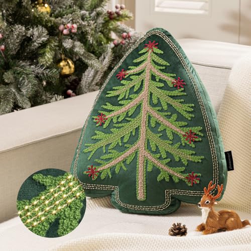 Phantoscope Merry Christmas Tree Decorative Throw Pillow Velvet Beads Embroidery 3D Shaped Cushion Green 18 x 14 in - Image 1