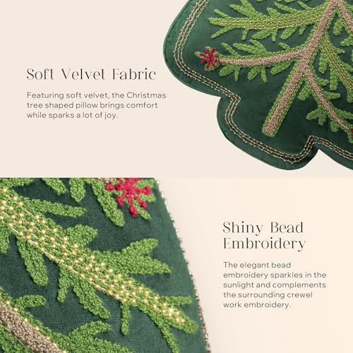 Phantoscope Merry Christmas Tree Decorative Throw Pillow Velvet Beads Embroidery 3D Shaped Cushion Green 18 x 14 in - Image 3
