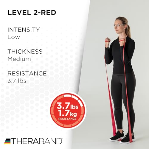 TheraBand شريط مقاومة ثيراباند، أحمر، متوسط، 50 ياردة، شريط مطاطي للتمارين، التمدد، العلاج الطبيعي، اليوغا، البيلاتس، تمارين المنزل، قابل للقص حسب الطول، مستويات ملونة - Image 3