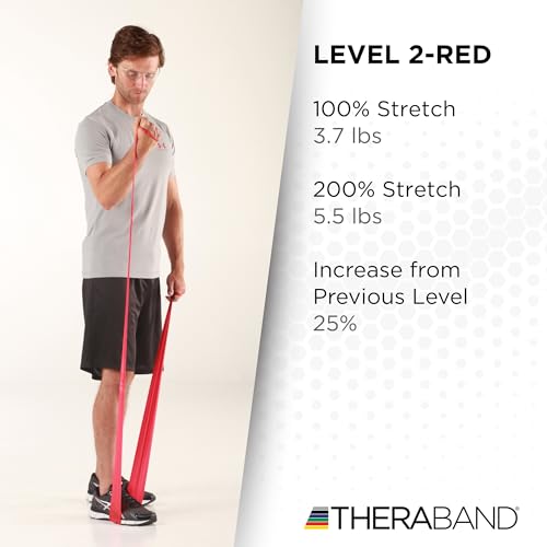 TheraBand شريط مقاومة ثيراباند، أحمر، متوسط، 50 ياردة، شريط مطاطي للتمارين، التمدد، العلاج الطبيعي، اليوغا، البيلاتس، تمارين المنزل، قابل للقص حسب الطول، مستويات ملونة - Image 4