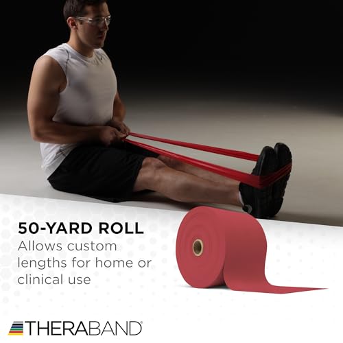 TheraBand شريط مقاومة ثيراباند، أحمر، متوسط، 50 ياردة، شريط مطاطي للتمارين، التمدد، العلاج الطبيعي، اليوغا، البيلاتس، تمارين المنزل، قابل للقص حسب الطول، مستويات ملونة - Image 5