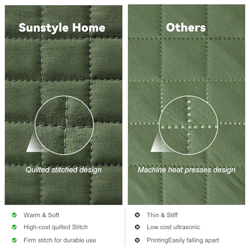 SunStyle Home Olive Green Quilt King Size, Lightweight Comforter Blanket Bedspread Soft Reversible Coverlet for All Season 3pcs Army Green Square Quilted Bedding Set (1 Quilt 2 Pillow Shams)(106"x96") - Image 4