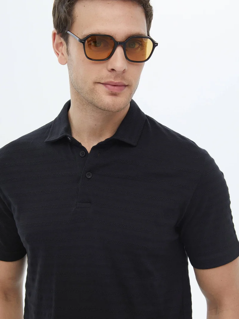 كيب Black Jacquard Polo Collar Cotton T-Shirt