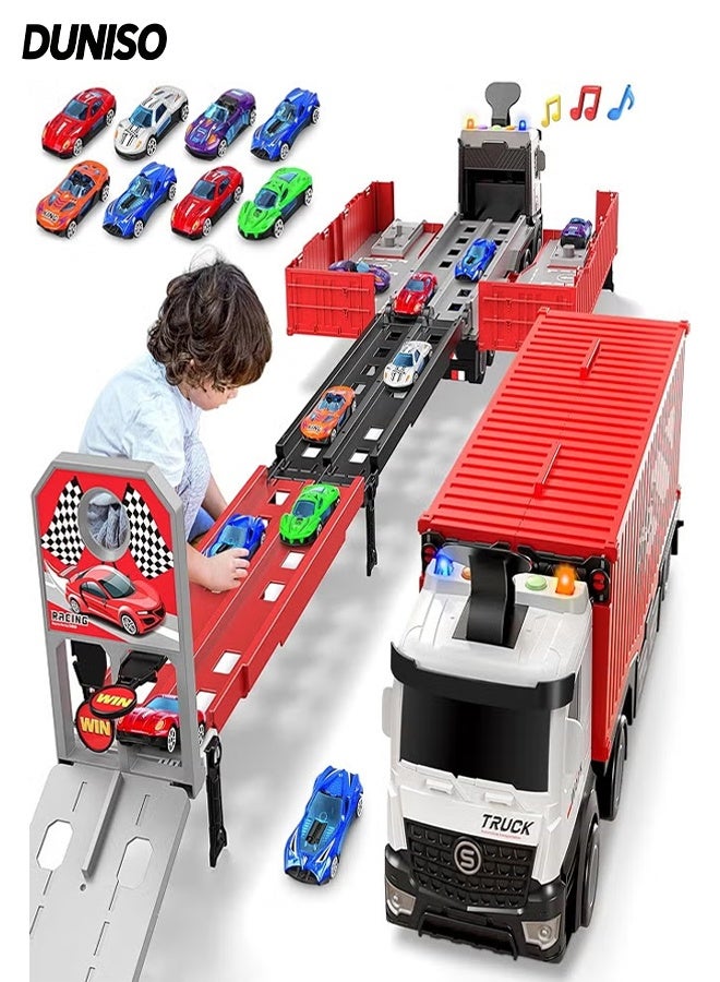 DUNISO Big Truck Toys，Race Car Track Toy Truck Toy with Slots & Foldable Race Tracks， Container Truck Toys With 8 Alloy Car Toy Sets，Easy to Store，for 3+ Kids Boys Girls - Image 1
