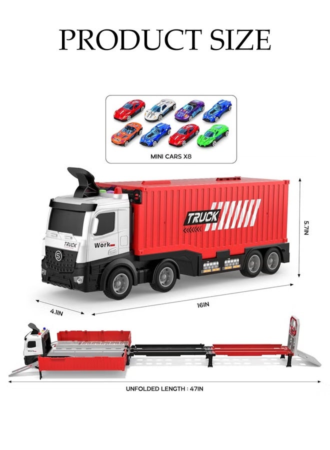 DUNISO Big Truck Toys，Race Car Track Toy Truck Toy with Slots & Foldable Race Tracks， Container Truck Toys With 8 Alloy Car Toy Sets，Easy to Store，for 3+ Kids Boys Girls - Image 2