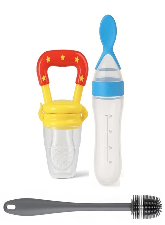 Joy Buzz Baby Food Dispensing Spoon Feeder Bottle 90ml and Fruit Feeder/Nibbler/Pacifier with Cleaning Brush Pack of 3 (BLU-YLO) - Image 1