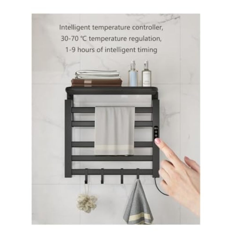 Heated Towel Rack for Bathroom with Top Shelf, Wall Mounted Towel Warmer, Intelligent Temperature Controller 30-70°C, 1-9 Hours Timer, Black, Hard-Wired/Plug-in - Image 2