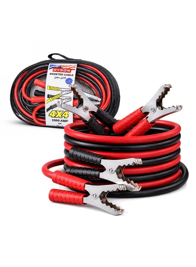 BYSON 1200AMP Car Battery Help Cables 4M - Weather Resistant and Safe Jump Start Cables with Long Reach, Heavy Duty Clamps and Simple Storage for Travel - Image 1