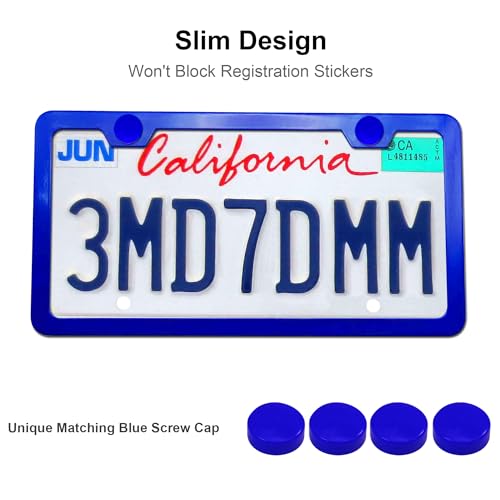 AOOTF إطارات لوحات ترخيص زرقاء من Aootf - حوامل علامات سيارات لطيفة للنساء، عبوة 2 إطار ألومنيوم نحيف مع مجموعة تركيب تناسب الأمام والخلف، 2 ثقب، ملحقات مخصصة - براغي، أغطية - Image 2