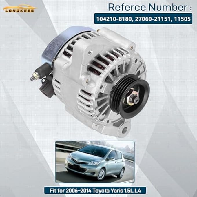 LONGKEES 11203 Alternator FIT 20062014 Toyota Yaris 1.5L L4 12V 80A 4-Groove Pulley Replace OE# 104210-8180, 27060-21151, 11505 - Image 2