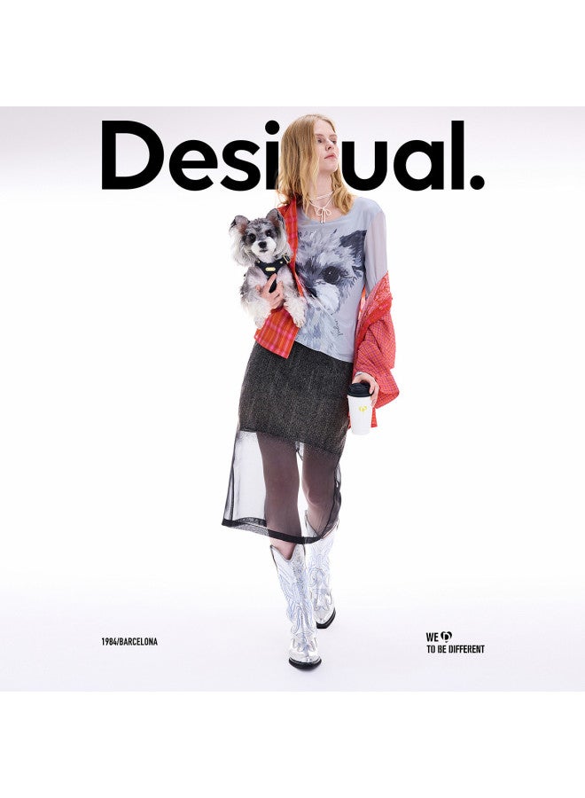 DESIGUAL 25 وصول جديد خريف-شتاء تنورة أورجانزا متدرجة سوداء مزخرفة بالفرو - Image 4