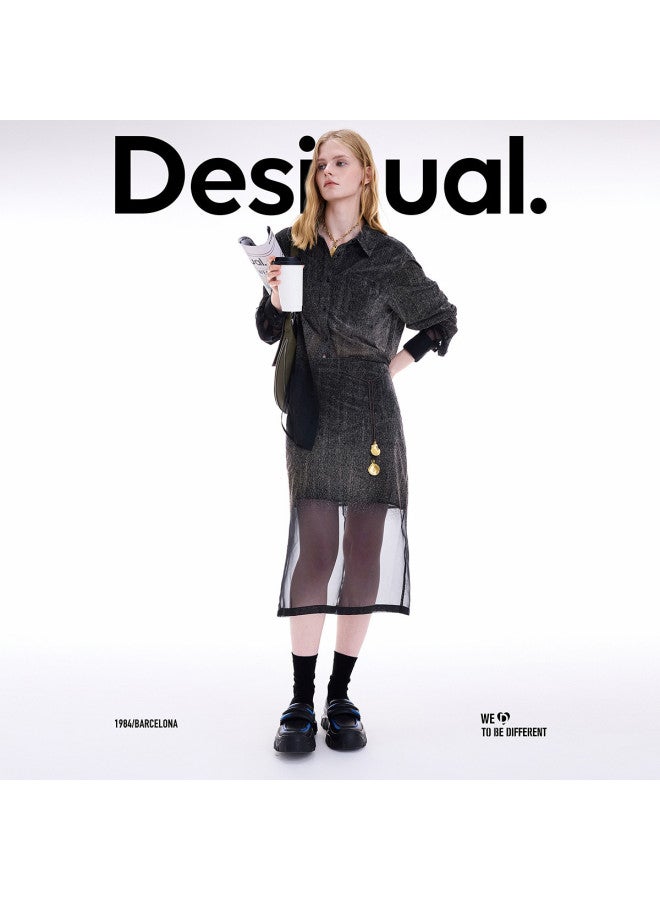 DESIGUAL 25 وصول جديد خريف-شتاء تنورة أورجانزا متدرجة سوداء مزخرفة بالفرو - Image 5