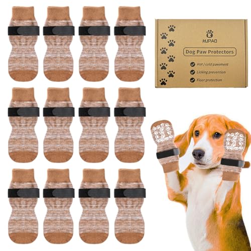 KUPAO Dog Socks 12 Pack to Prevent Licking Paws, Anti Slip Dog Booties and Paw Protectors for Hardwood Floors Hot Pavement, Suitable for Small Medium Large Senior Dogs - Size Medium,Brown - Image 1
