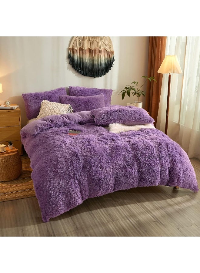 Besfunny 5 PCS Shaggy Duvet Cover Bedding Set - Long Faux Fur Luxury Ultra Soft Cozy (Full/Queen, Purple) - Image 2