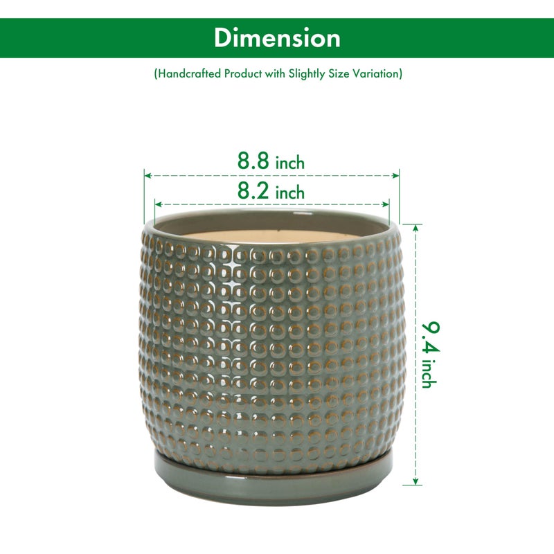 D'vine Dev 8 Inch Ceramic Beaded Stoneware Planter Pot - Flower Pot with Drainage Holes and Saucers for Indoor Succulent Plants or Flowers, Olive, 27-C-Q-0 - Image 3