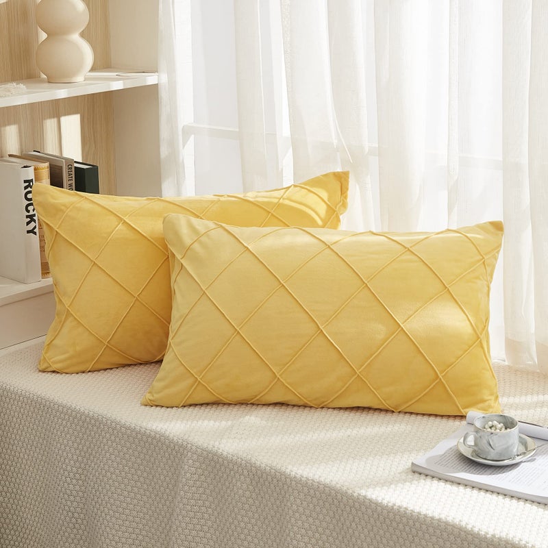 JAUXIO Diamond Pinch Pleated Crystal Velvet Pillowcases 2 Pack Solid Pintuck Throw Cushion Cover for Home Decor Hidden Zipper Closure (Yellow  Standard)