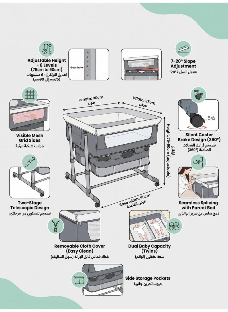 Nivorra Dual Baby Bassinet for Twins, 6-Level Adjustable Height, 7-20° Anti-Reflux Slope, Breathable Mesh & Silent 360° Lockable Wheels - Image 2