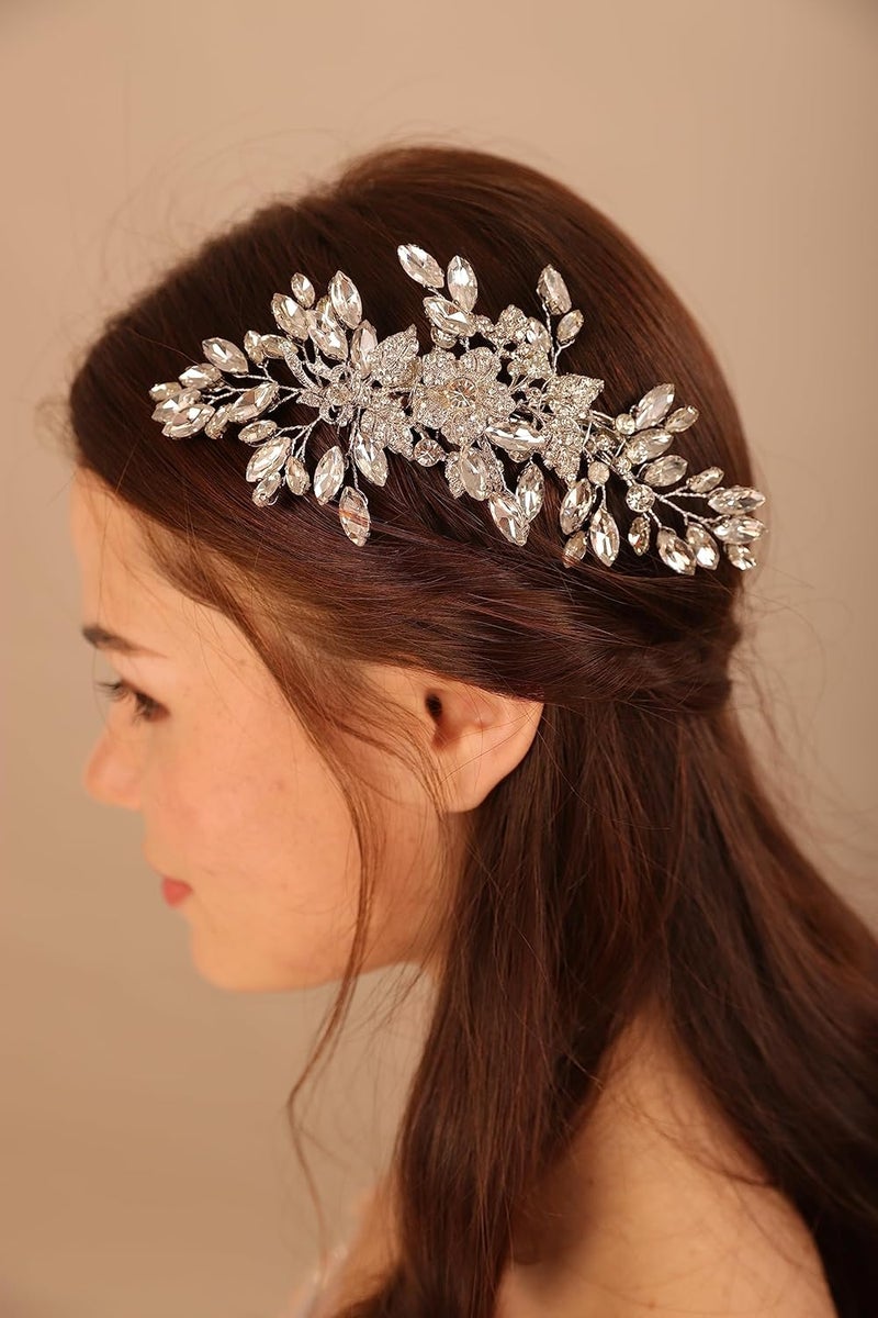 BERYUAN Wedding Silver Flower Leaf Crystal Rhinestone Hair Comb Teardrop Crystal Rhinestone Beads Hair Comb Wedding Hair Accessories for Women Girls