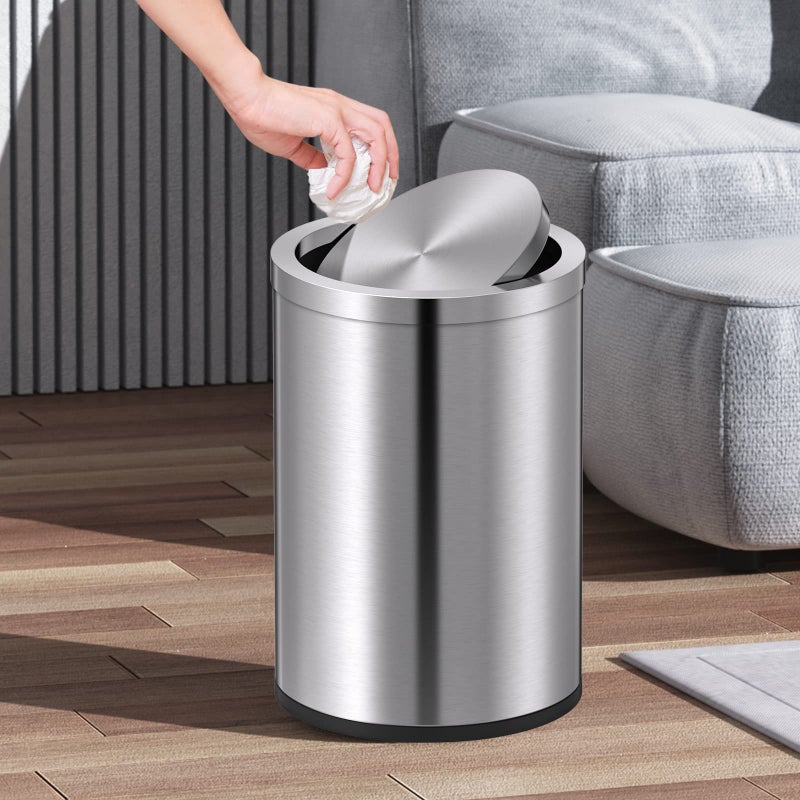 Mbillion Small Trash Can with Swing Lid 2.4 Gallons/9 Liter, Mini Trash Can with lid, Stainless Steel Cylindrical Garbage Can for Home and Office, for Ground and Desktop(Brushed Silver) - Image 3