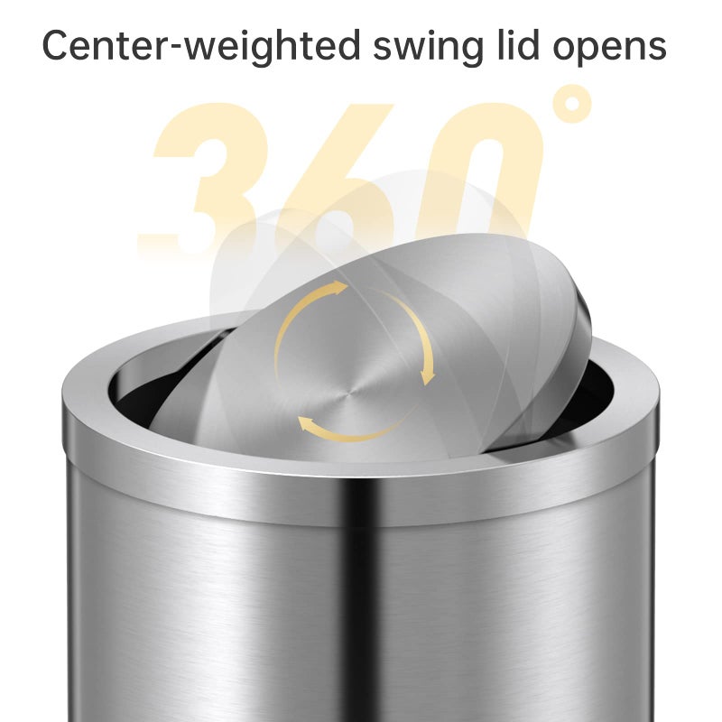 Mbillion Small Trash Can with Swing Lid 2.4 Gallons/9 Liter, Mini Trash Can with lid, Stainless Steel Cylindrical Garbage Can for Home and Office, for Ground and Desktop(Brushed Silver) - Image 4