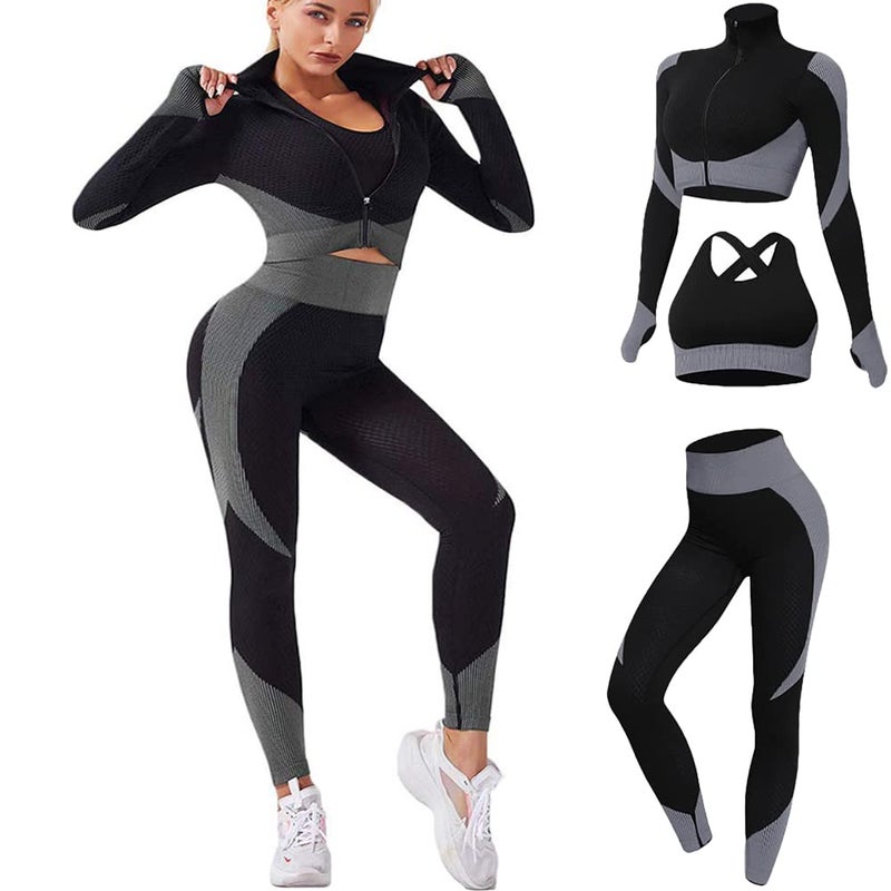 Veriliss Women's 3pcs Seamless Outfits Workout Sets,Gym Clothes Yoga Sportswear Leggings and Stretch Sports Bra Gym jumpsuits Clothes Set (BlackGrey, L) - Image 1