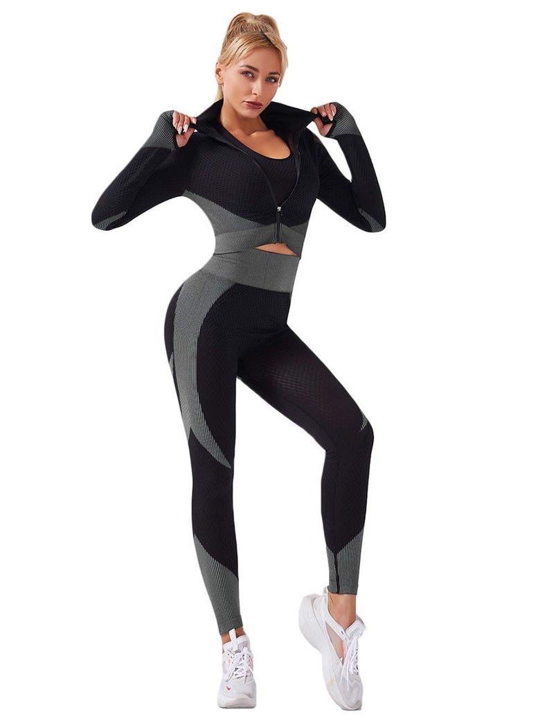 Veriliss Women's 3pcs Seamless Outfits Workout Sets,Gym Clothes Yoga Sportswear Leggings and Stretch Sports Bra Gym jumpsuits Clothes Set (BlackGrey, L) - Image 4