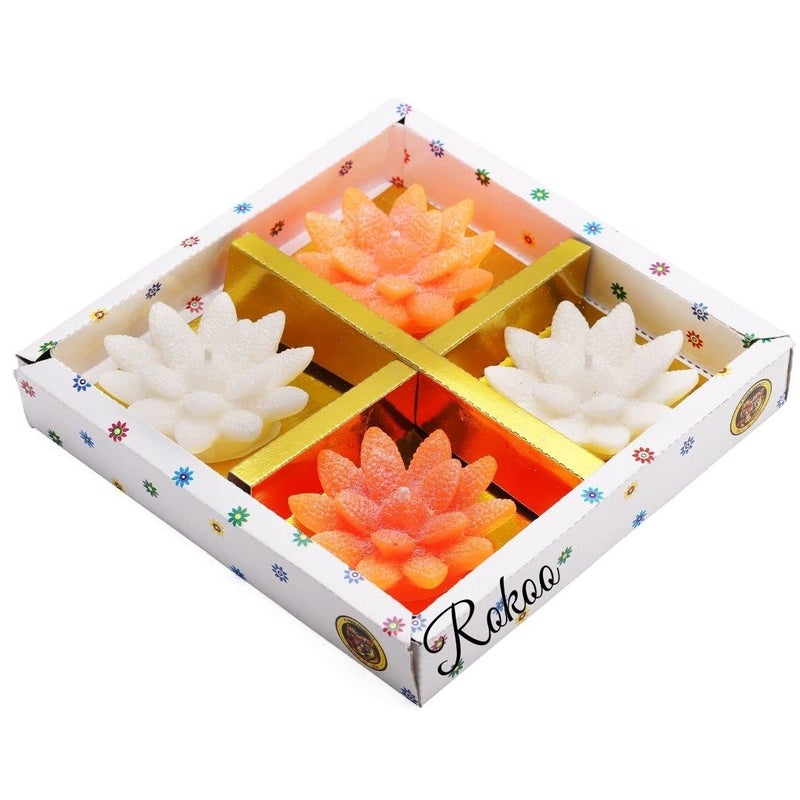 ROKOO Diwali Diya Decoration Floating Lotus Flower Candles in Bulk 4Pcs Smokeless Dripless Long Lasting Candle Water lamp Candles for Home Pool Weddings Deepawali Decor Cafe Spa Orange - Image 1