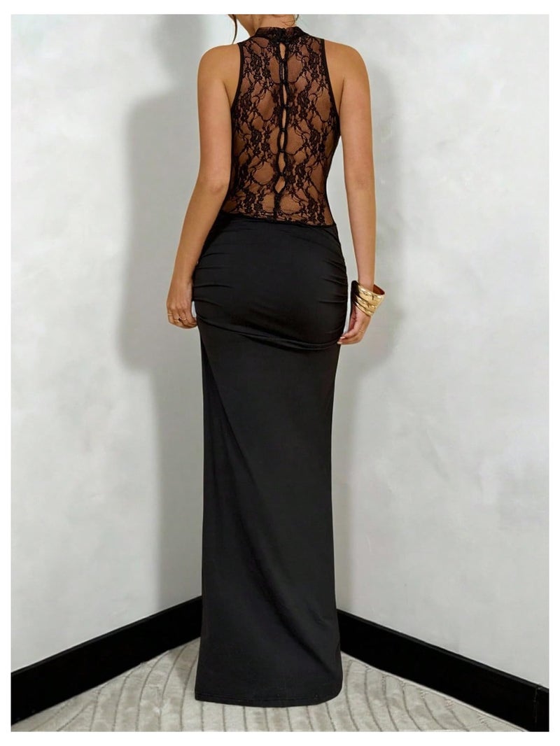 SweatyRocks Women's Lace Patchwork Maxi Formal Dresses Draped Sleeveless Party Night Out Bodycon Wedding Guest Dresses Black Medium - Image 3