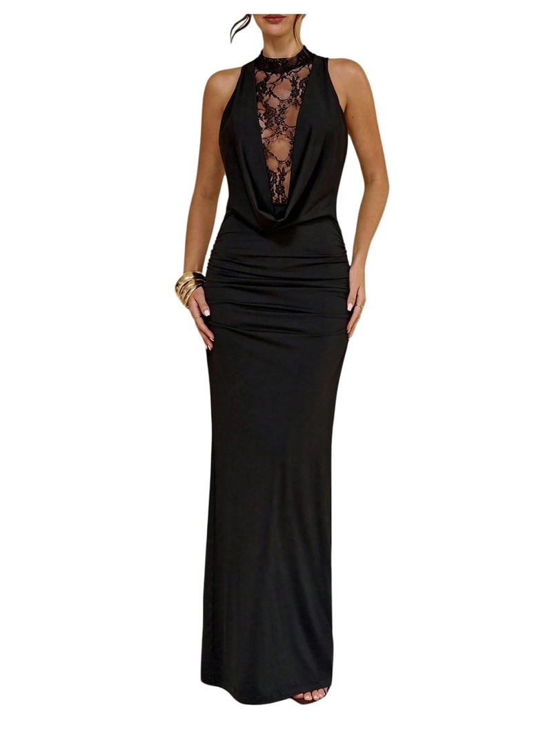 SweatyRocks Women's Lace Patchwork Maxi Formal Dresses Draped Sleeveless Party Night Out Bodycon Wedding Guest Dresses Black Medium - Image 1