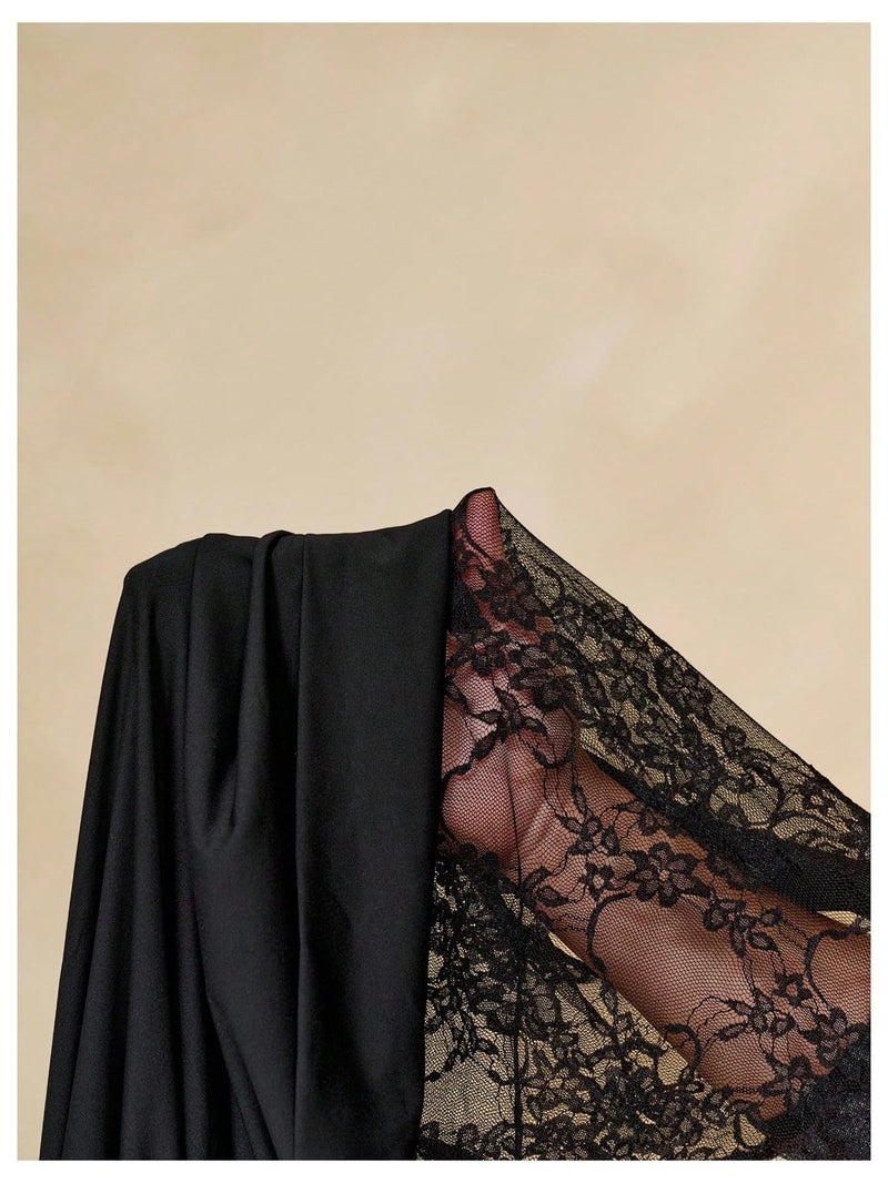 SweatyRocks Women's Lace Patchwork Maxi Formal Dresses Draped Sleeveless Party Night Out Bodycon Wedding Guest Dresses Black Medium - Image 4