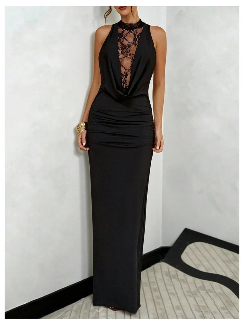 SweatyRocks Women's Lace Patchwork Maxi Formal Dresses Draped Sleeveless Party Night Out Bodycon Wedding Guest Dresses Black Medium - Image 5