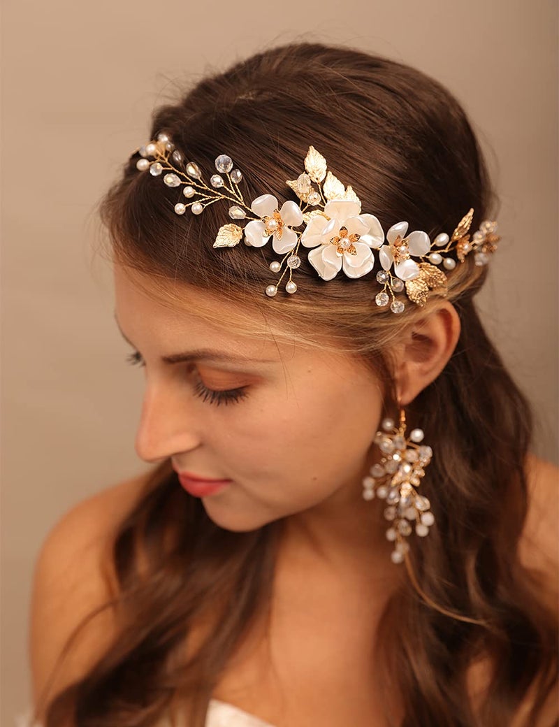 YERTTER Elegant Crystal Faux Pearl Flower Bridal Wedding Beads Women Headband Bridal Headpiece Gold