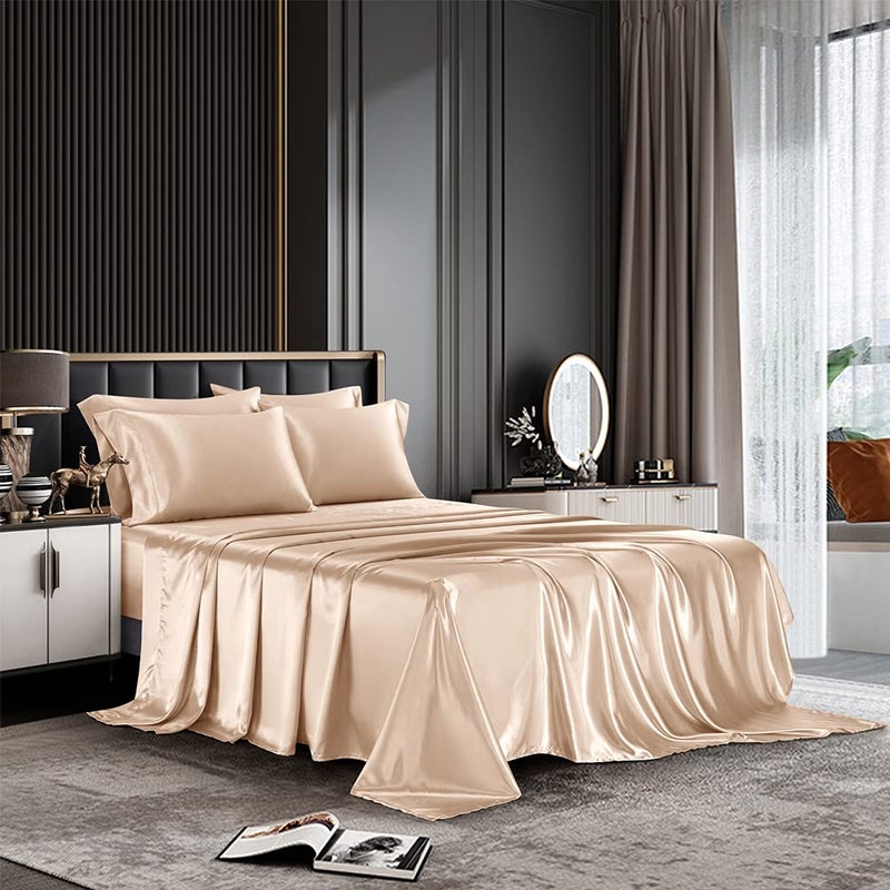 AiMay 6 Piece Satin Bedding Sheet Set Queen Taupe Deep Pocket 1800 Series Luxury Rich Silk Silky Super Soft Solid Color 4 Pillowcases Reversible Sexy Honeymoon Wrinkle Free Queen Taupe