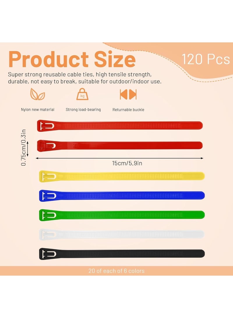 Reusable Zip Ties, 6 Inch Heavy Duty Cable Ties with Colorful Releasable Lock, Small Wire Tie Wraps for Cord Management Organization, DIY, Home, Office, Garden, 120pcs, Multicolor - Image 2