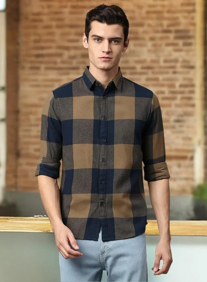 دينيس لينغو قميص رجالي كاروهات بقصة ضيقة، ياقة سبيد، أكمام كاملة، قطن 1%