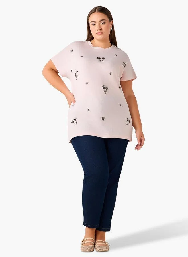  أولا بوبكن Ulla Popken Relaxed Fit Cotton T-shirt with Sequin Embellishment