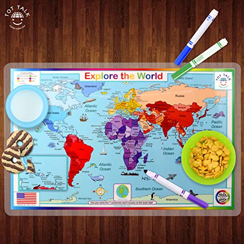 Tot Talk World Map Educational Placemat - Explore Continents, Oceans, & Countries of The World – Made in USA - Blank Map on Reverse for Testing – Durable, Washable, Reusable, BPA-Free, by Tot Talk, 11.5”x17.5” - Image 2