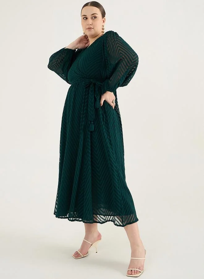 Femmella Femmella Plus Size Chevron Dobby V-Neck Wrap Midi Dress