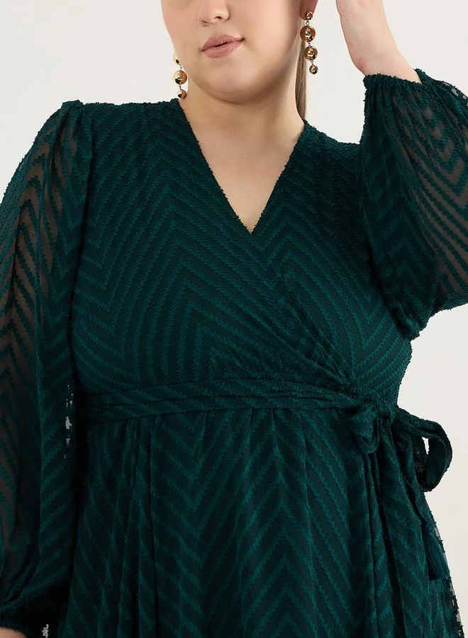 Femmella Femmella Plus Size Chevron Dobby V-Neck Wrap Midi Dress