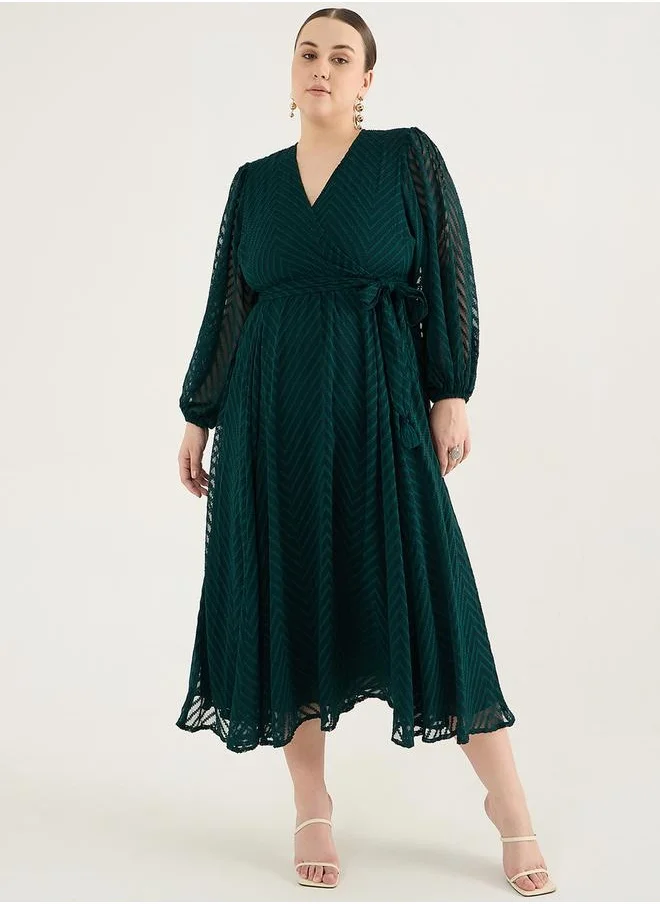 فيميلا Plus Size Chevron Dobby V-Neck Wrap Midi Dress by Styli